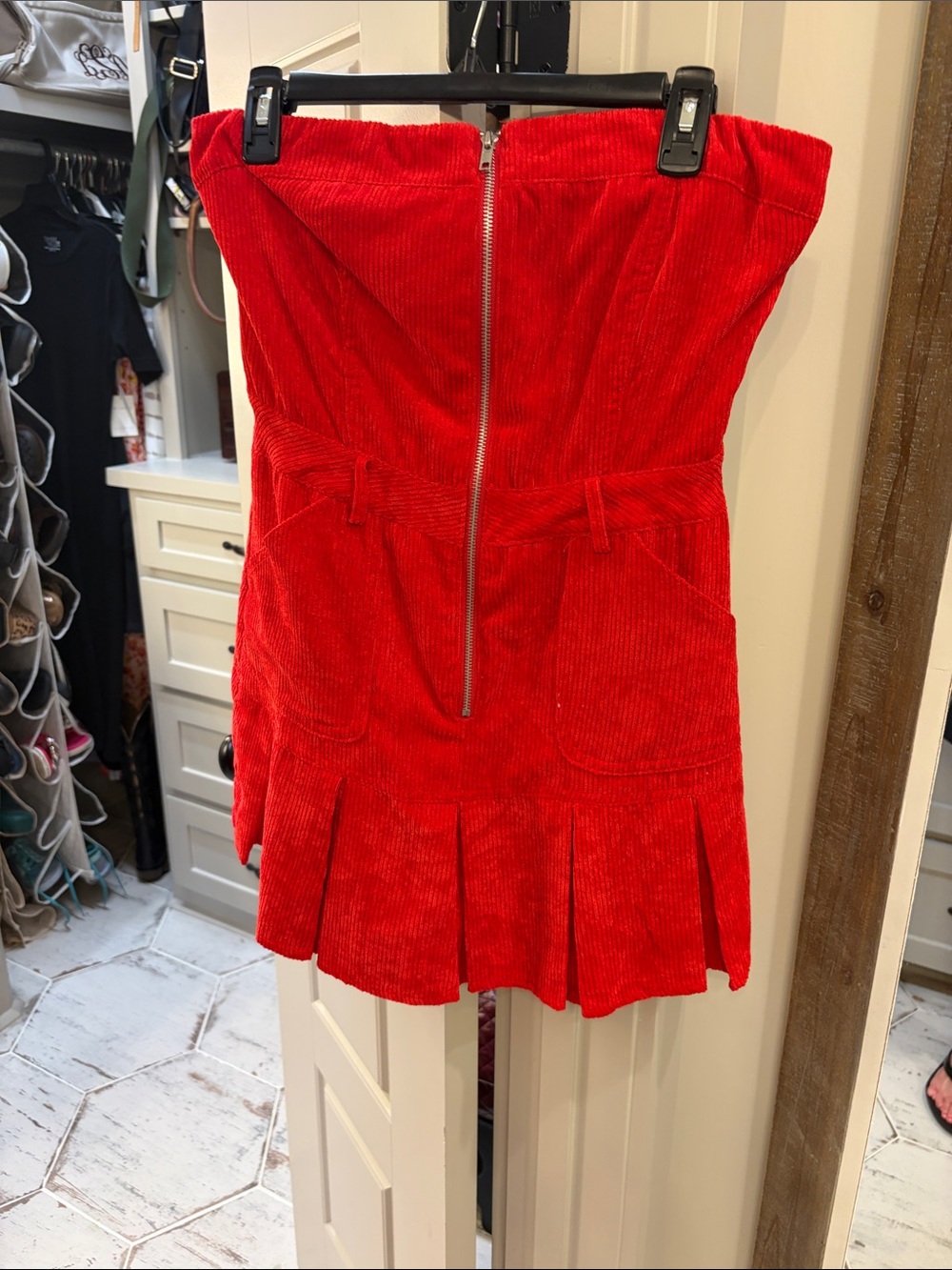 Girls' Strapless Red Corduroy Dress with Front Zip
